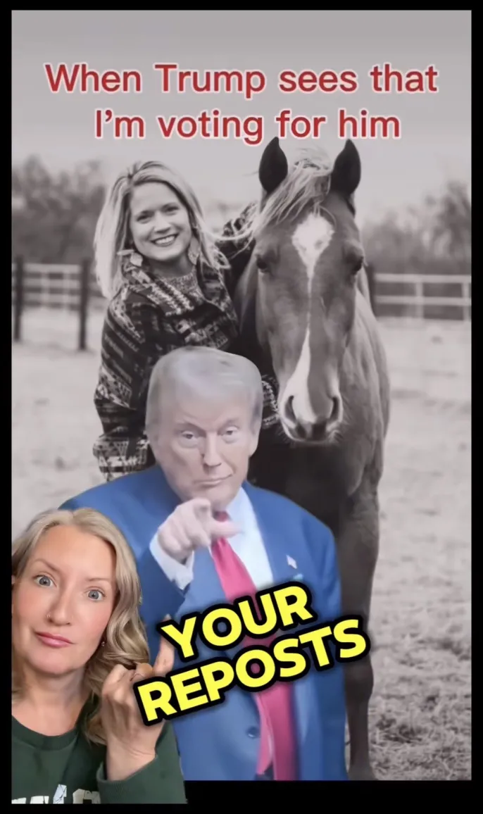 A woman mockingly showing on a green screen a MAGA supporter's reposts of pro-Trump videos.