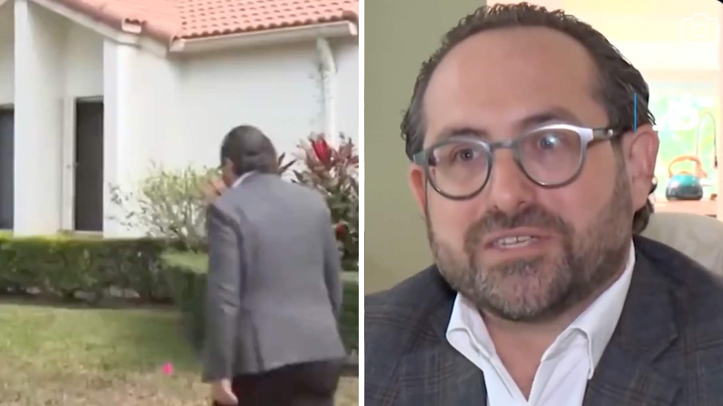 Left: Man in a gray suit walking on the front lawn towards his white house. Right: Man looking into camera.