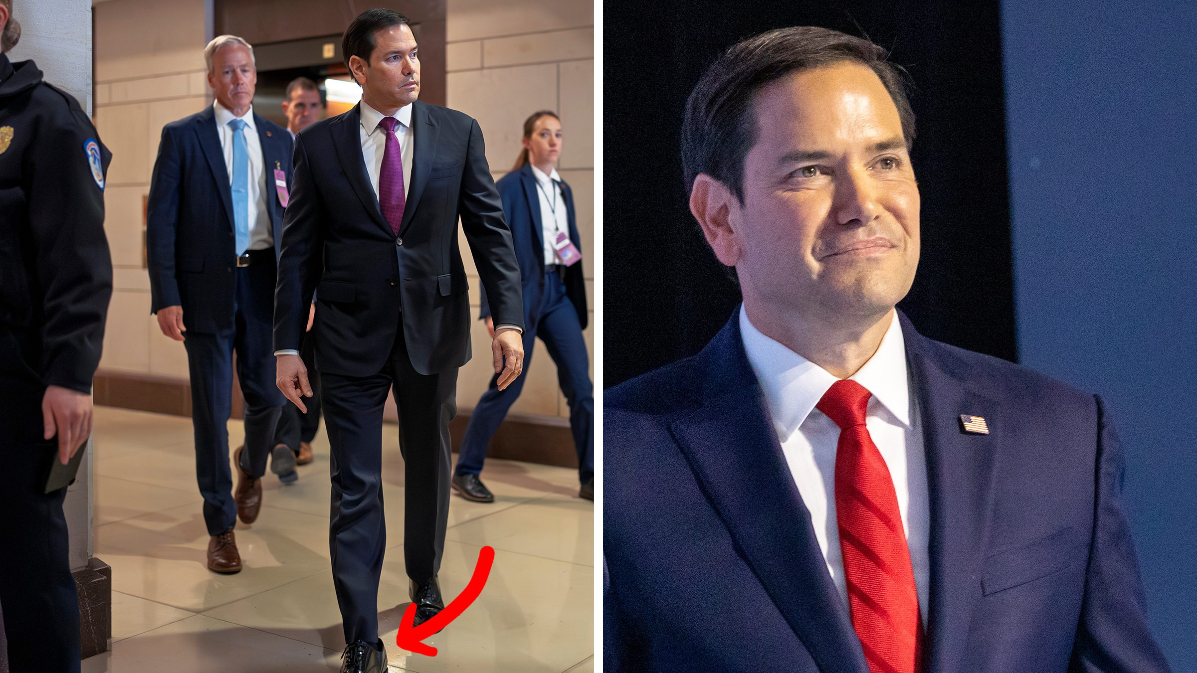 Left: Secretary of State Marco Rubio walking in a suit and too-big dress shoes, a red arrow pointing to the gap in his black patent dress shoe on his right foot. Right: Florida Senator Marco Rubio at the Republican National Convention.