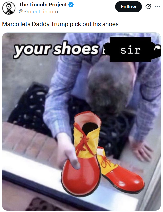 Tweet reading "Marco lets Daddy Trump pick out his shoes" with an image of a man kneeling at a doorstep and holding up a clown shoe.