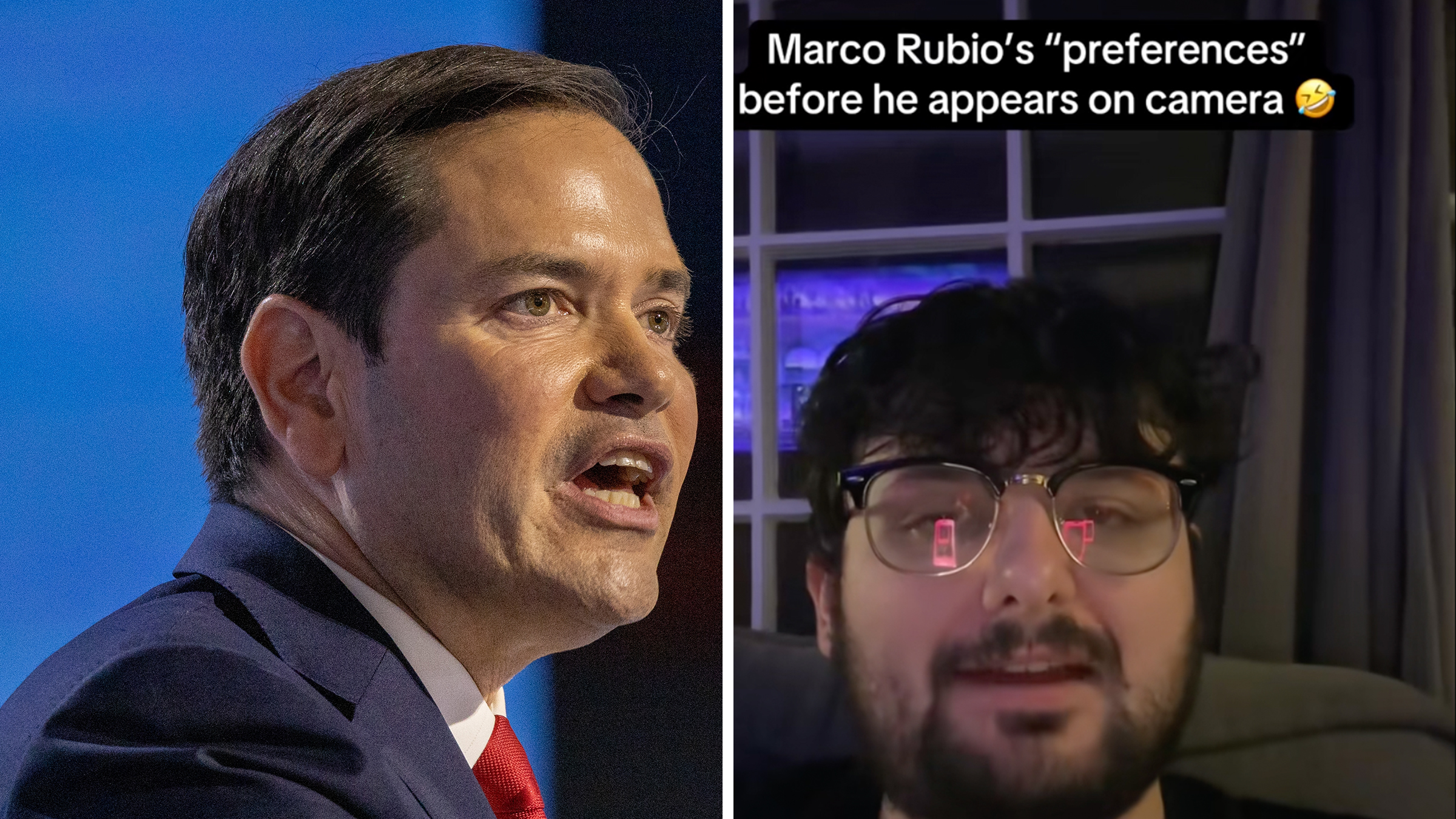 Left: Secretary of State Marco Rubio speaking into a microphone in a navy suit, taken from his left side. Right: Man in glasses and goatee looking into the camera, TikTok text overlay reads, "Marco Rubio's 'prefrences' before he appears on camera."