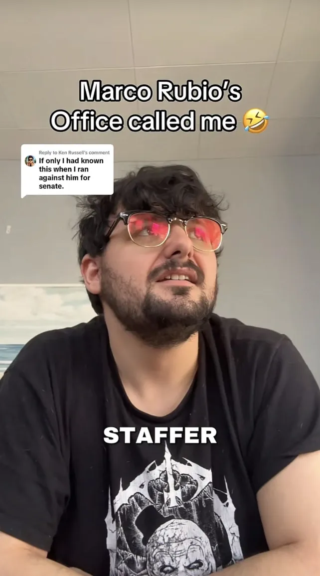 Profile video of a TikToker sitting down on his couch looking off to the side while he is supposedly talking to a Marco Rubio staffer.