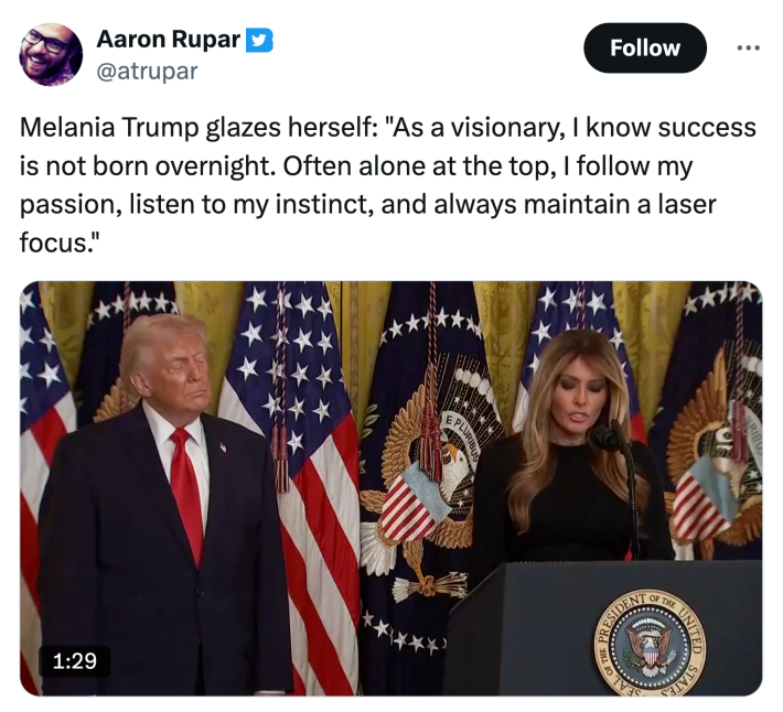 A tweet describing Melania as "glazing" herself along with the video of her speech.