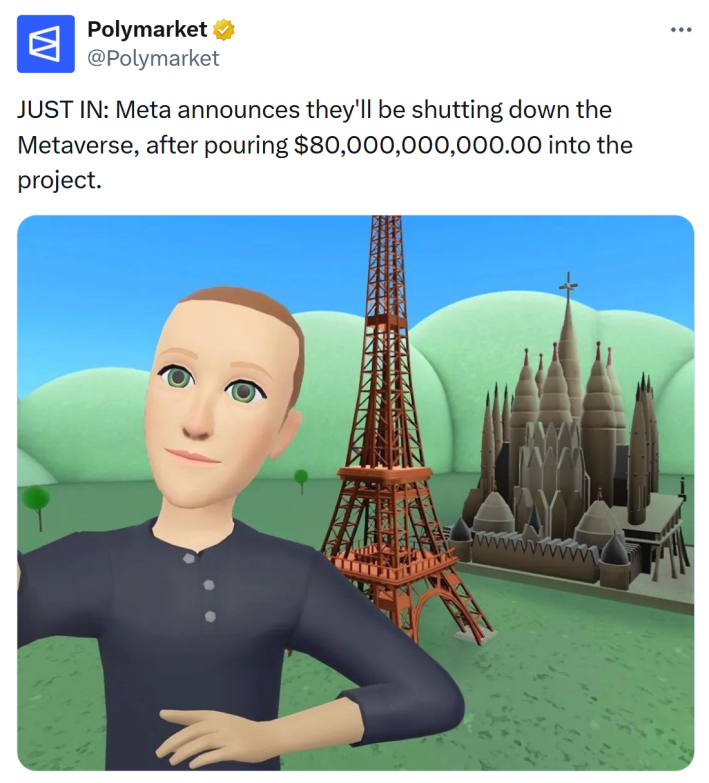 Tweet that reads, "JUST IN: Meta announces they'll be shutting down the Metaverse, after pouring $80,000,000,000.00 into the project." with a screenshot of Mark Zuckerberg's avatar in metaverse with poorly 3D rendered world monuments in the background.