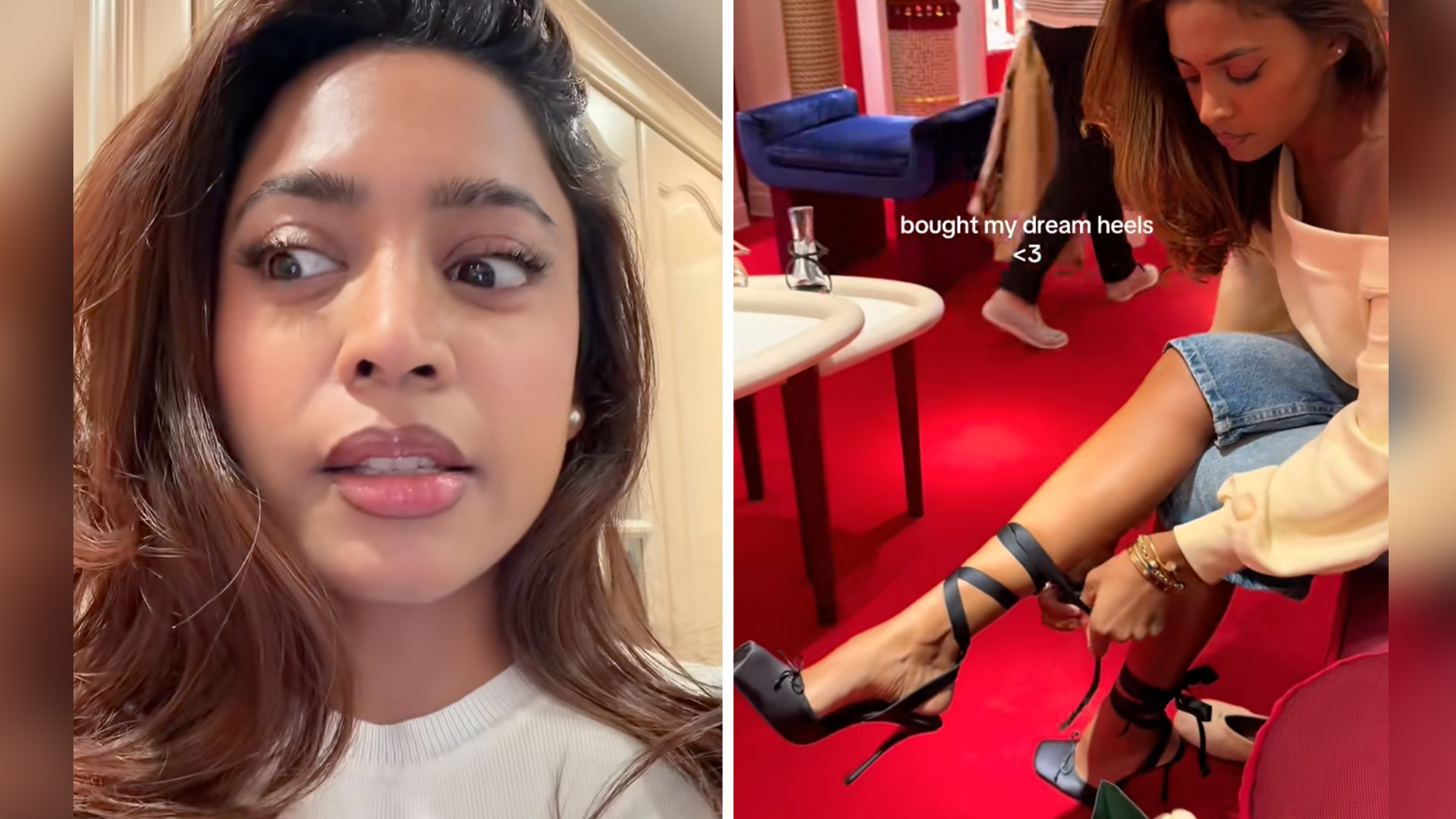 Woman trying on black heels against a red carpet.