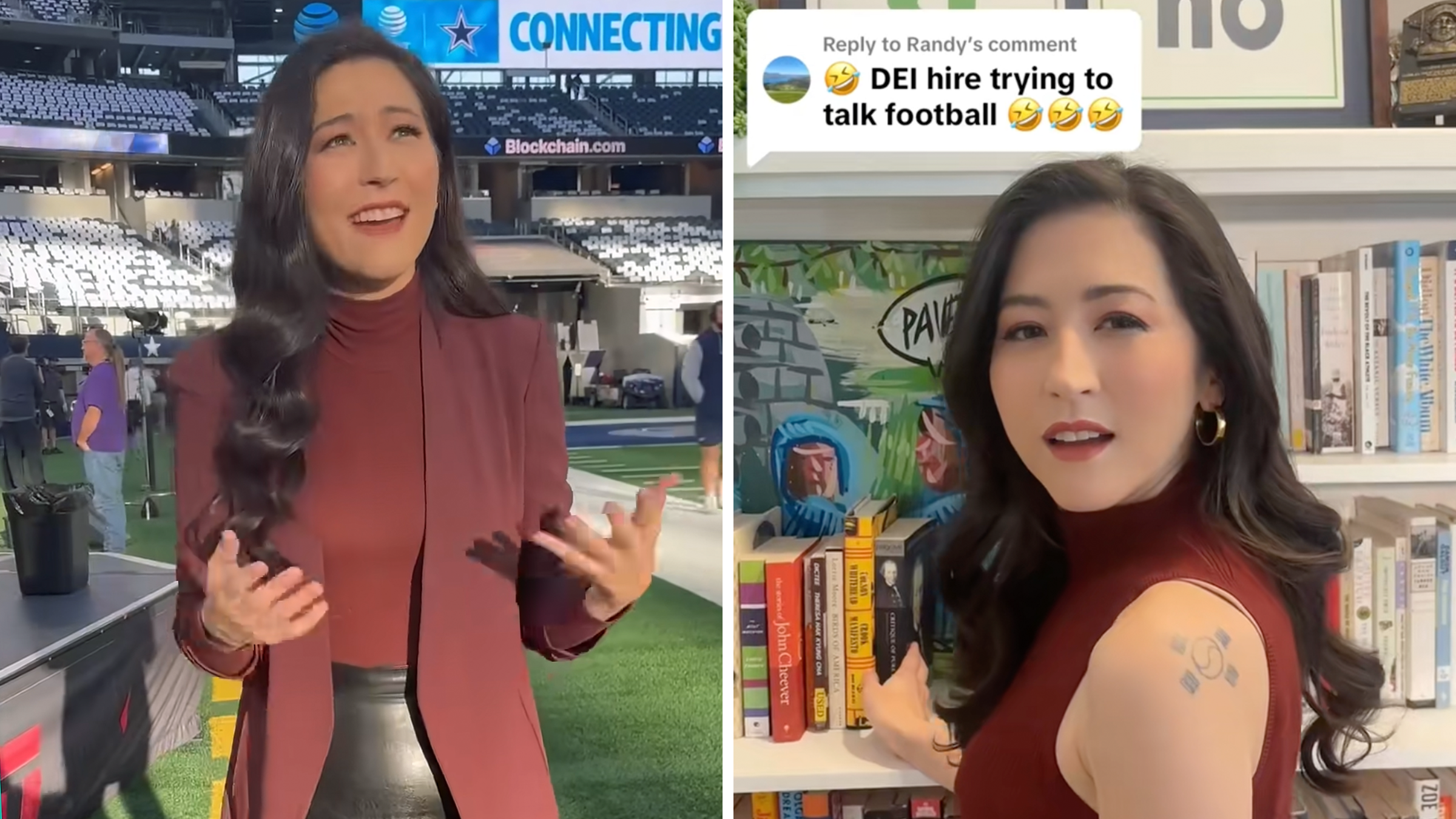 Mina Kimes on a football field and in front of a shelf of books