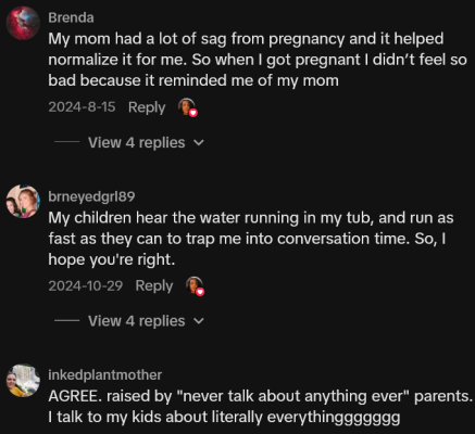 Comentários do TikTok incluindo uma leitura "Minha mãe teve muita flacidez durante a gravidez e isso ajudou a normalizar isso para mim. Então, quando engravidei, não me senti tão mal porque me lembrou da minha mãe"