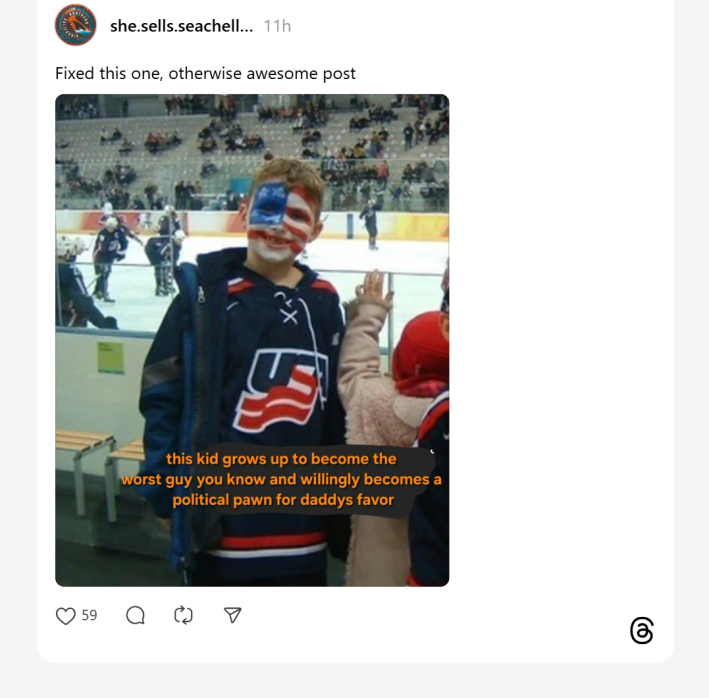 Florida Panthers post showing all their players as children and what they grew up to accomplish. A Threads user updated one of the images saying, "Fixed this one, otherwise awesome post" The text over the image now reads, "this kid grows up to become the worst guy you know and willingly becomes a political pawn for daddys favor."