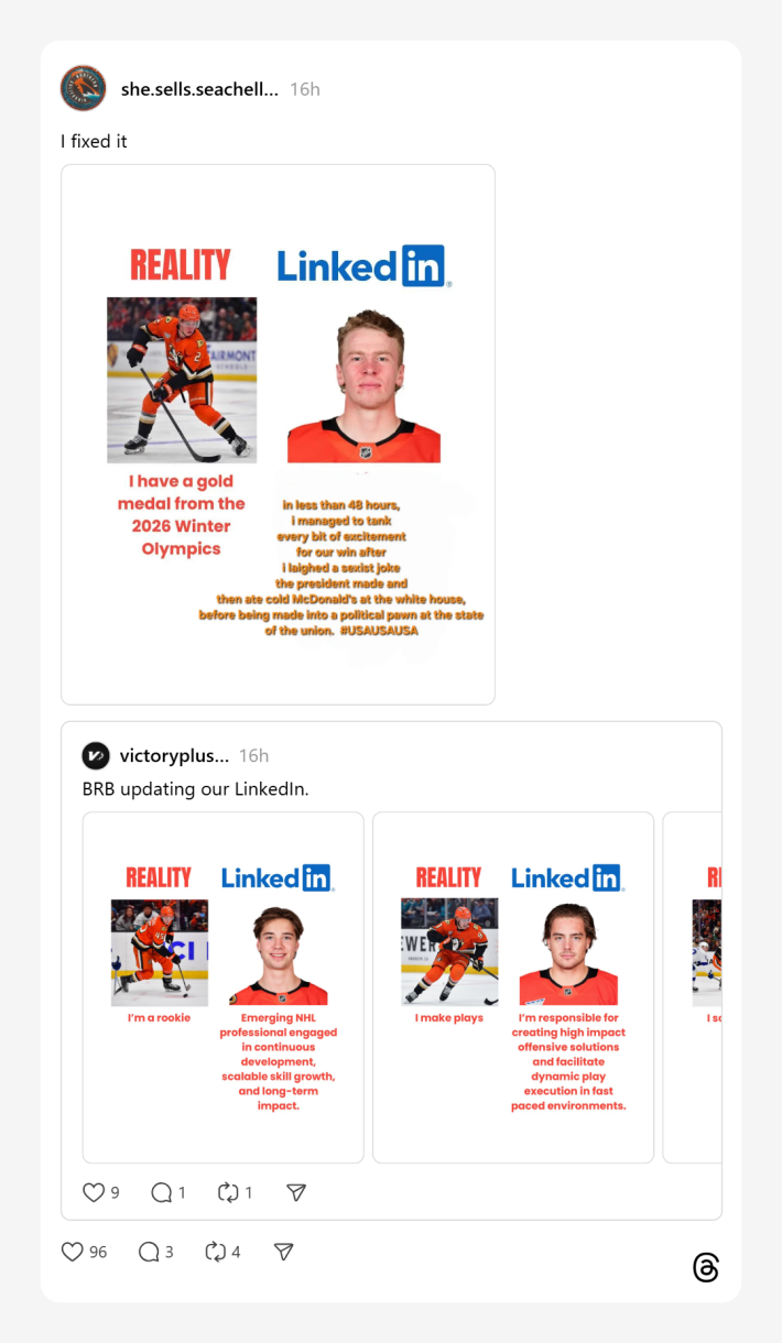 Victory+ app posted meme-like images of various men's hockey players and their Reality vs LinkedIn profile. A Threads user updated one of them to be about being used as a political pawn for the U.S. president.