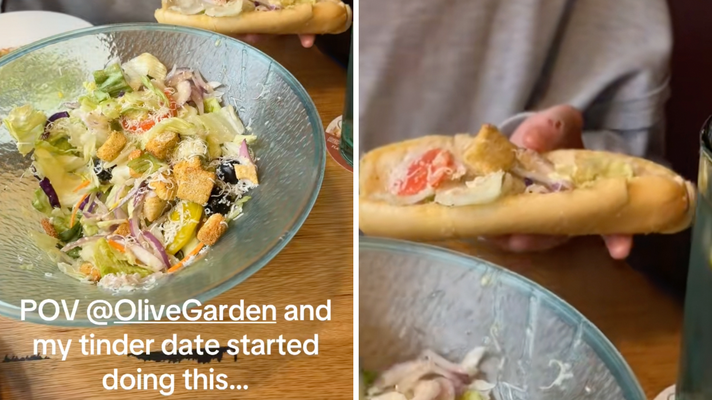 Left: Hand inserting silver spoon into salad bowl at Olive Garden, text overlay reads, "POV @OliveGarden and my TInder date started doing this..." Right: Close-up of Olive Garden breadstick stuffed with Olive Garden salad.