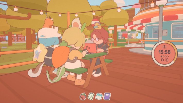 Screenshot of the On-Together virtual coworking app, with a pomodoro timer on one side and a group of people working together at a picnic table.