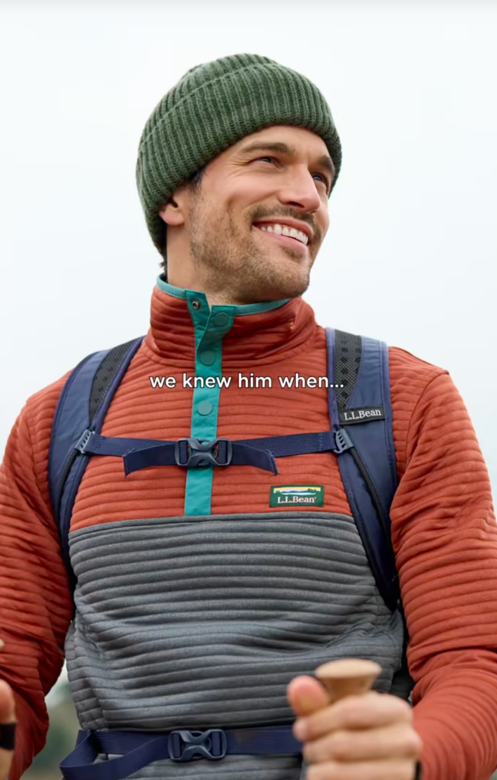 @llbean/TikTok catalog photo of Paul Anthony Kelly modeling for L.L. Bean  with onscreen text: "we knew him when"