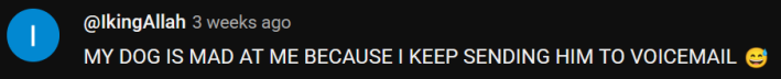 YouTube comment reading "MY DOG IS MAD AT ME BECAUSE I KEEP SENDING HIM TO VOICEMAIL"