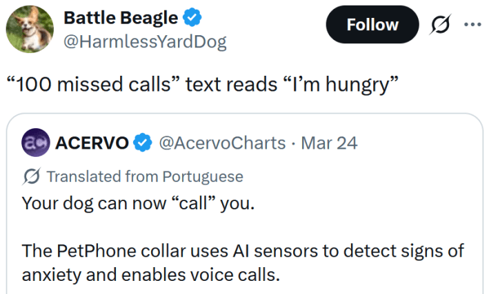 Tweet reading "“100 missed calls” text reads “I’m hungry”"