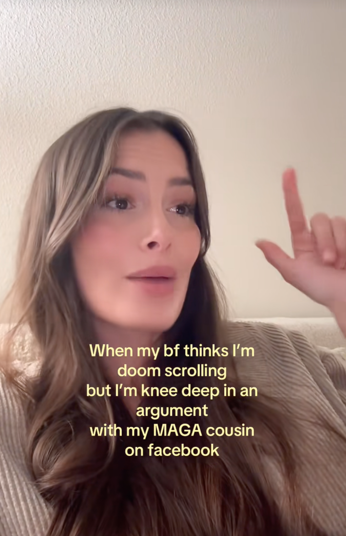 @daniele_lauren/TikTok "when my bf thinks im doom scrolling but I'm knee deep in an argument with my MAGA cousin facebook"