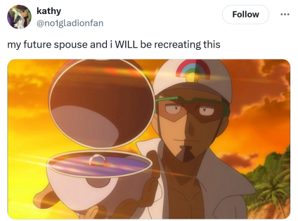 Tweet que diz, "minha futura esposa e eu estaremos recriando isso" com uma captura de tela de um treinador Pokémon propondo um anel em uma Pokébola.