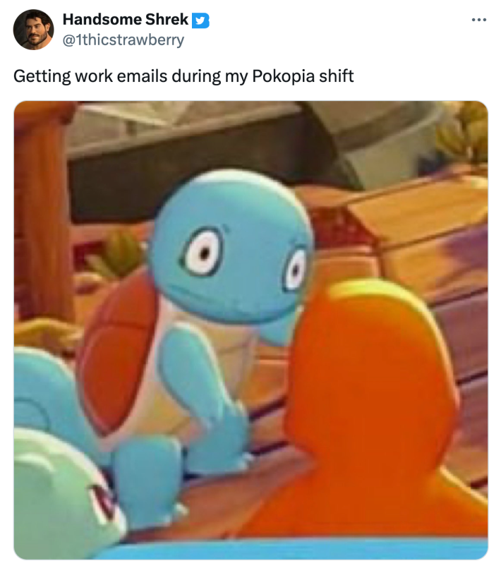 Pokopia meme that reads, "Getting work emails during my Pokopia shift" with a screenshot of a Squirtle looking a bit crazed.