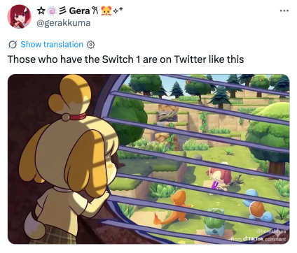 Meme Pokopia que diz, "Quem tem o Switch 1 está no Twitter assim" com um meme estilo Bob Esponja de um personagem de Animal Crossing olhando pela janela para uma cena de Pokopia.