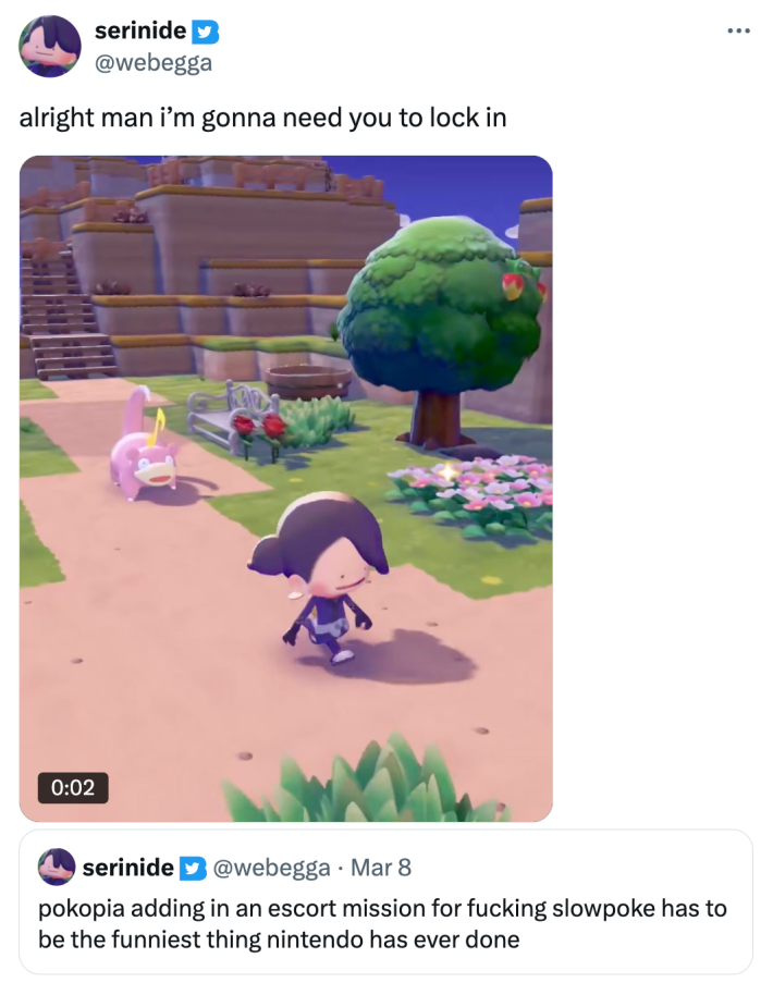Pokopia meme that reads, "alright man i’m gonna need you to lock in" with a video of the Ditto-human character leading Slowpoke extremely slowly along a path.