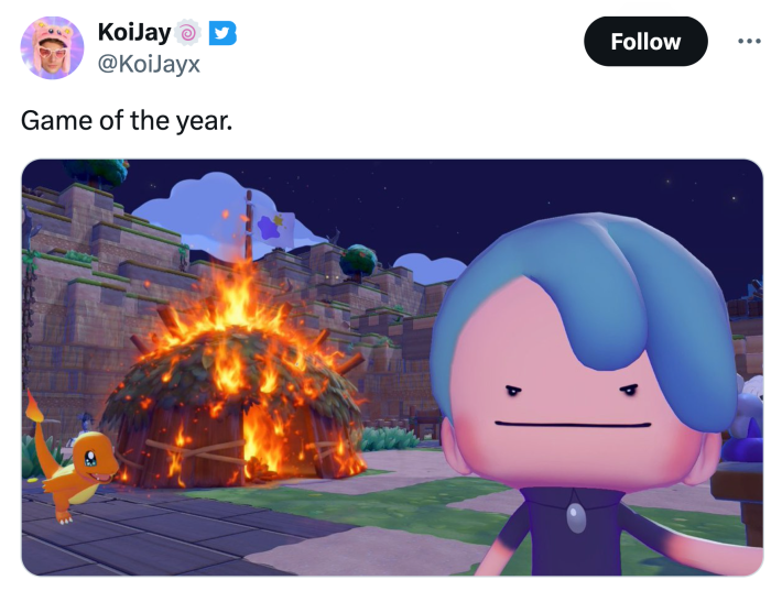 Pokopia meme that reads, "Game of the year." with a screenshot of Ditto-human and Charmander in front of a burning straw thatch house, grinning like the little girl meme.