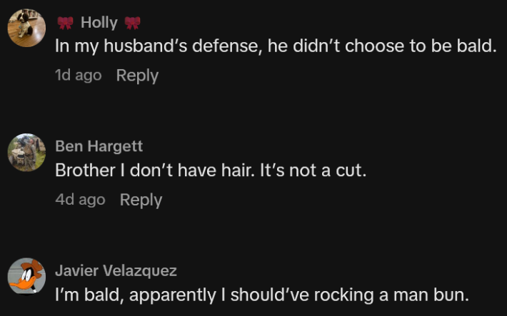 TikTok comments including one reading "Brother I don’t have hair. It’s not a cut."
