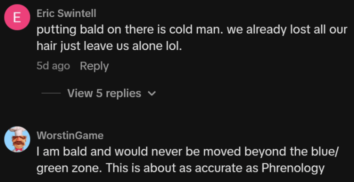 TikTok comments including one reading "I am bald and would never be moved beyond the blue/green zone. This is about as accurate as Phrenology"