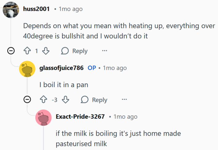 Reddit comment thread starting with "Depends on what you mean with heating up, everything over 40degree is bullshit and I wouldn’t do it"