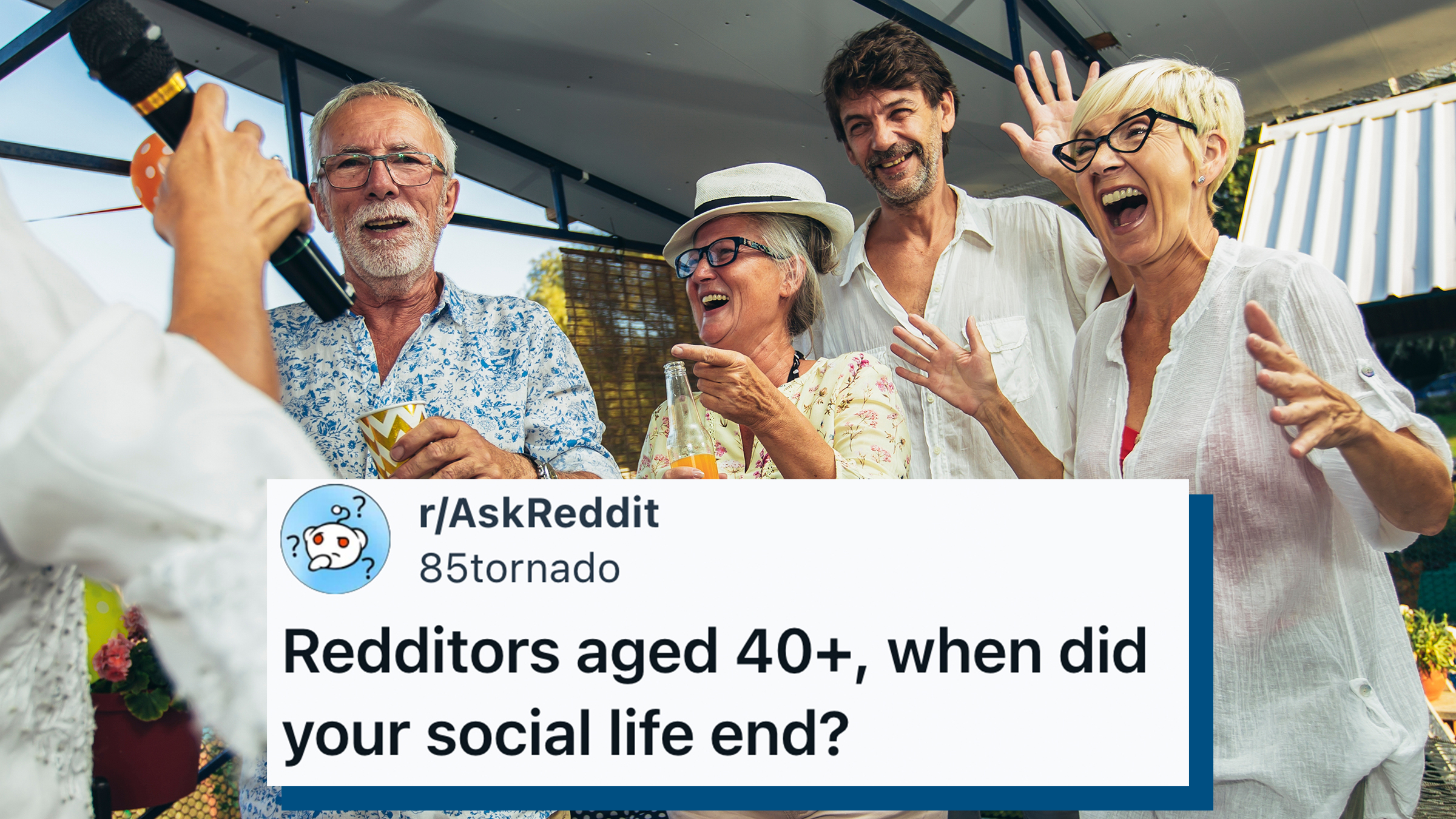 Group of 5 senior people singing karaoke celebrating a birthday, everyone is laughing.