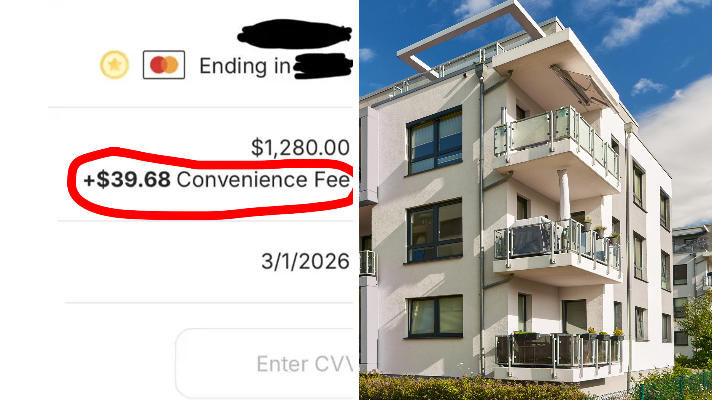 Left: Check-out screen for rent reading $1280, with a $39.68 "convenience fee" outlined in red. Right: Modern apartment building in the countryside in a residential area of ​​a city.