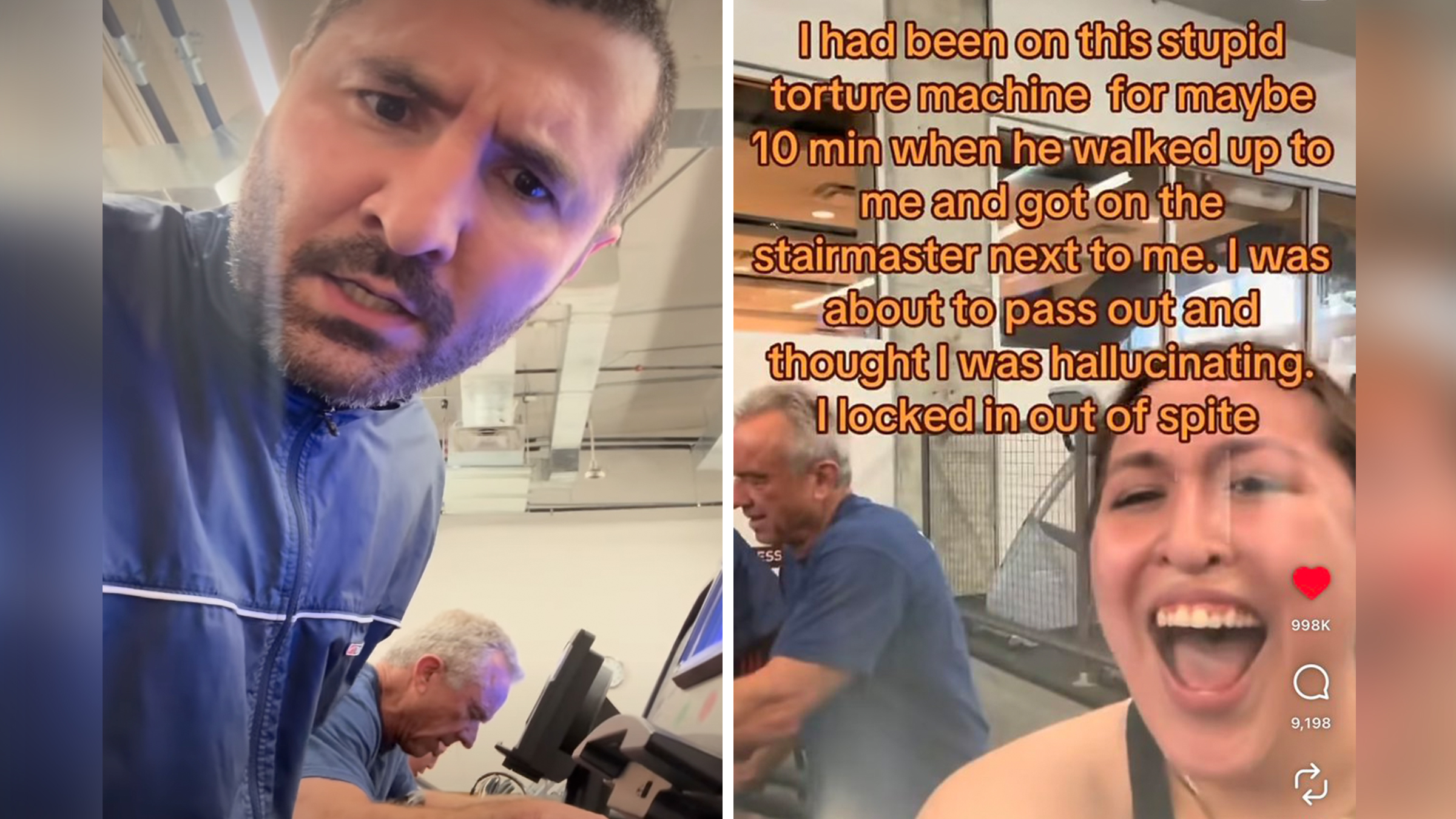 Left: Man at a Gold's Gym in Austin, Texas, making a bewildered face into the camera while Robert F. Kennedy Jr. is bent over a StairMaster machine to his left. Right: Woman making excited face at a Gold's Gym in Austin, Texas, while Robert F. Kennedy Jr. is visible bent over a StairMaster machine to her left.