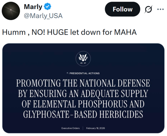 Tweet reading "Humm , NO! HUGE let down for MAHA" with an executive order title screenshot.