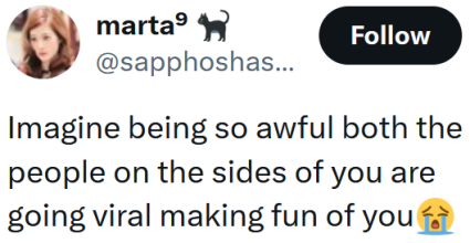 Leitura de tweets "Imagine ser tão horrível que as pessoas ao seu lado estão se tornando virais tirando sarro de você"