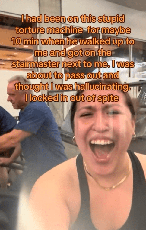 Instagram video of a woman at the gym with an open-mouthed smile and RFK Jr. in the background. The caption reads ""I had been on this stupid torture machine for maybe 10 min when he walked up and got on the stairmaster next to me. I was about to pass out and thought I was hallucinating. I locked in out of spite."