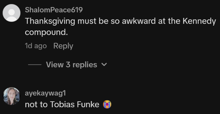 TikTok comments including one reading "Thanksgiving must be so awkward at the Kennedy compound."