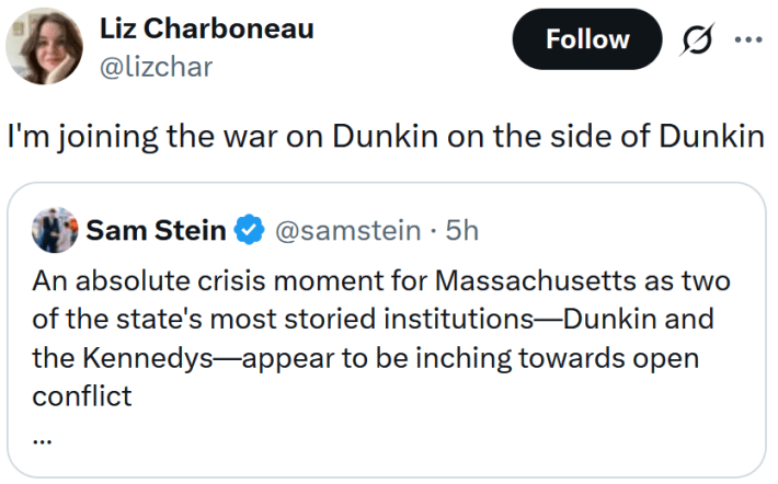 Tweet reading "I'm joining the war on Dunkin on the side of Dunkin"