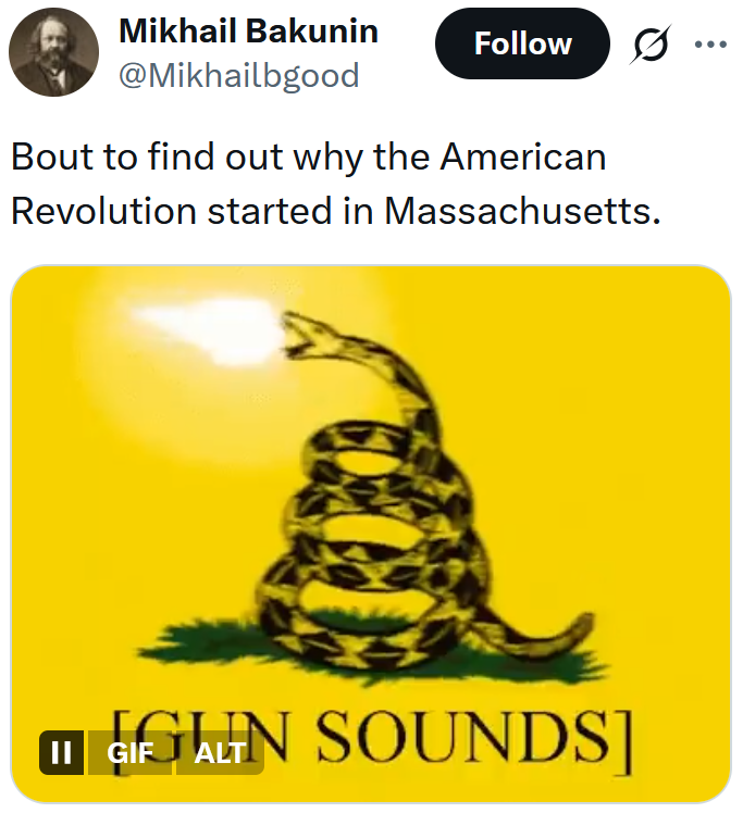 Tweet reading "Bout to find out why the American Revolution started in Massachusetts." Below is a gif of a "don't tread on me" flag with the snake firing bullets from its mouth.