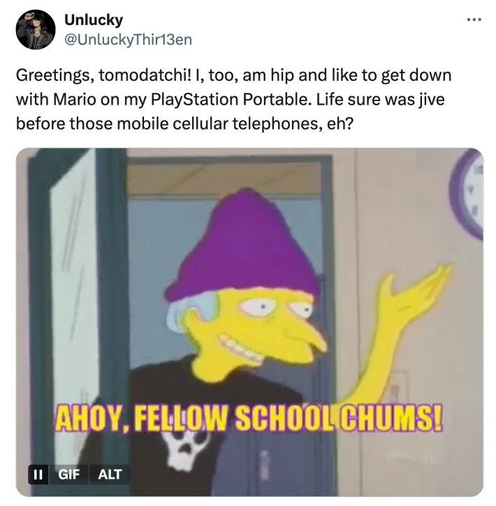 Tweet that reads, "Greetings, tomodatchi! I, too, am hip and like to get down with Mario on my PlayStation Portable. Life sure was jive before those mobile cellular telephones, eh?"