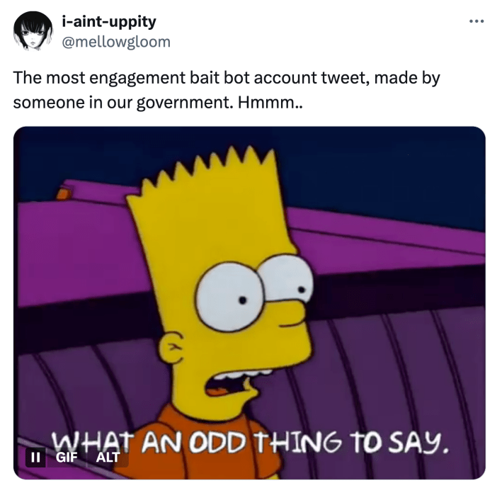 Tweet that reads, "The most engagement bait bot account tweet, made by someone in our government. Hmmm.."