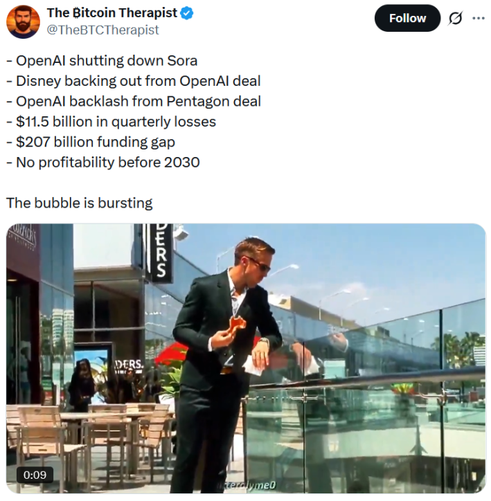 Tweet reading "- OpenAI shutting down Sora - Disney backing out from OpenAI deal - OpenAI backlash from Pentagon deal - $11.5 billion in quarterly losses - $207 billion funding gap - No profitability before 2030 The bubble is bursting"