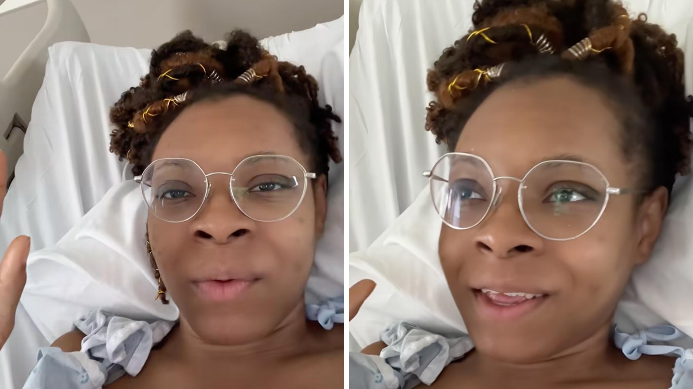 Woman in a hospital gown wearing glasses and laying in a hospital bed, speaking into the camera.