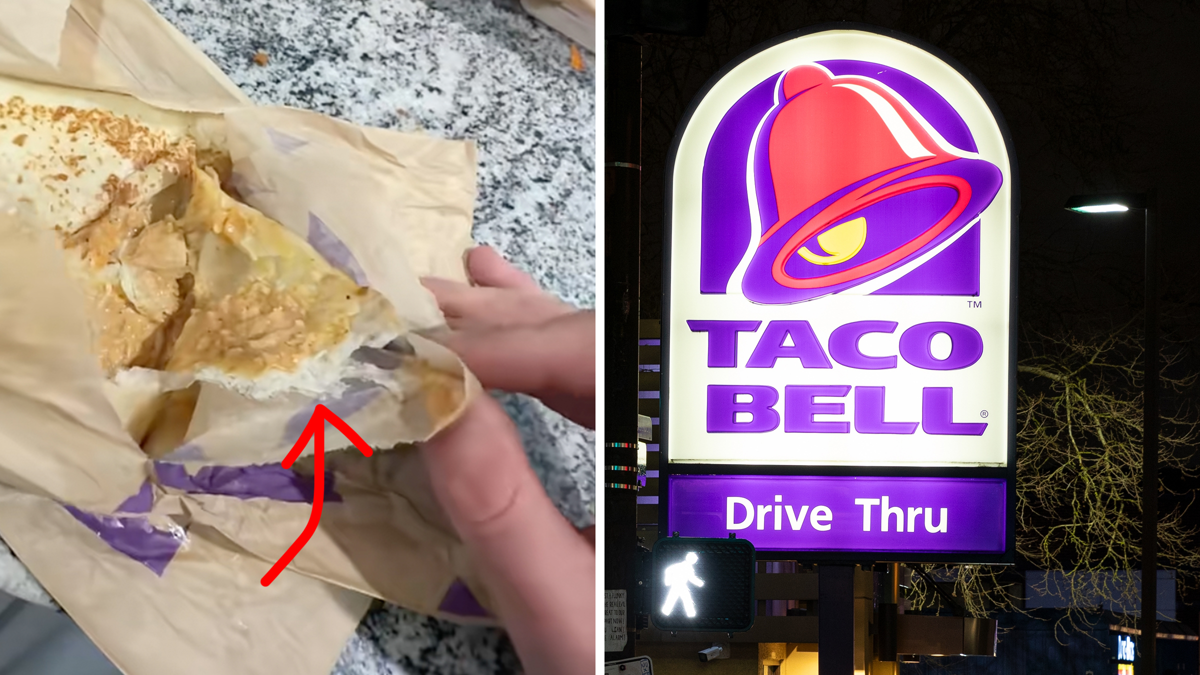 Left: Taco Bell quesadilla being unwrapped, fingers showing were tortilla is stuck to the paper wrapper. Right: aco Bell Drive Thru fast food restaurant and big signage in Downtown Portland.