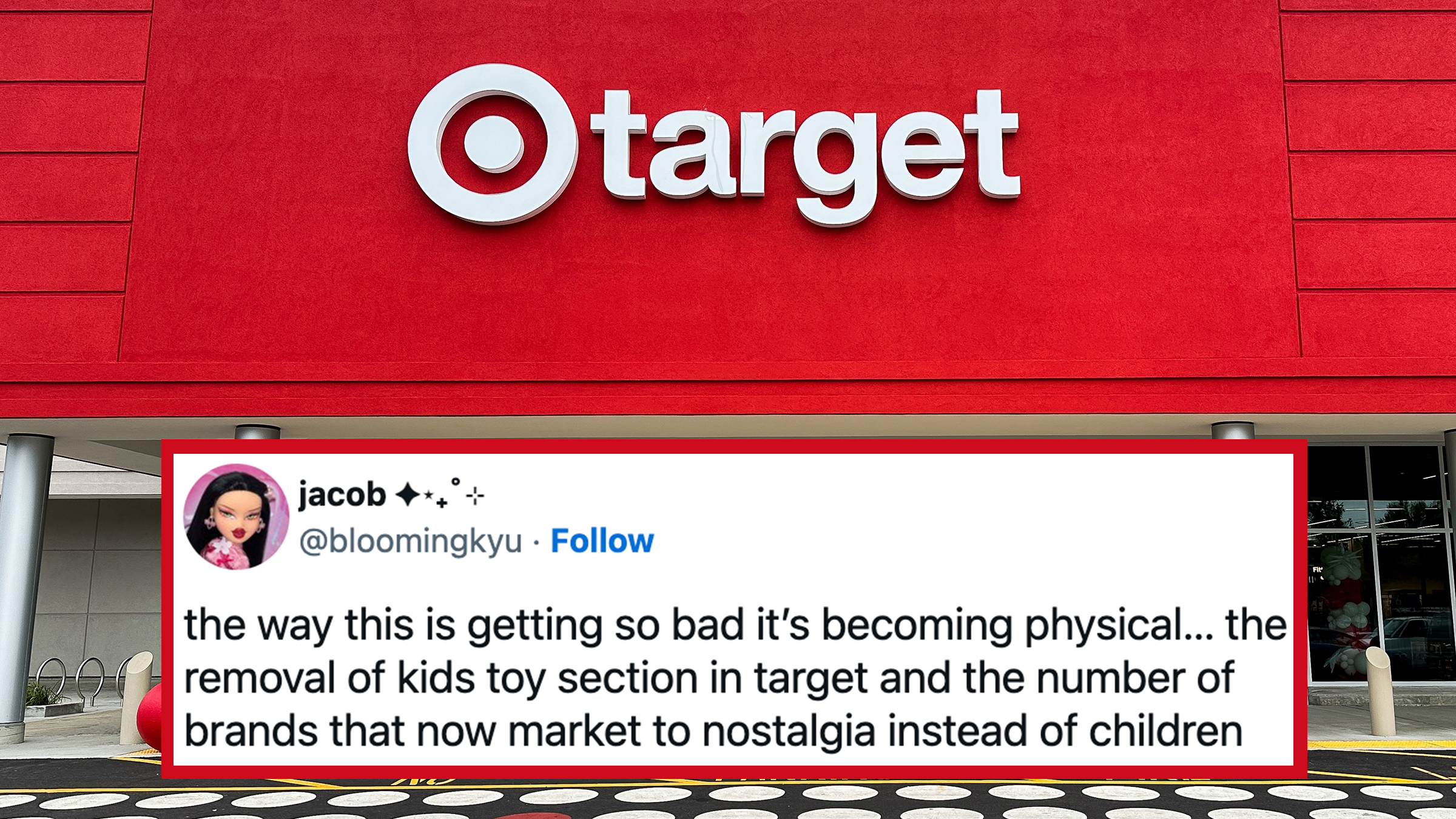 Target storefront in Norwalk, CT in 2025. Tweet text overlay reads, "the way this is getting so bad it’s becoming physical… the removal of kids toy section in target and the number of brands that now market to nostalgia instead of children."