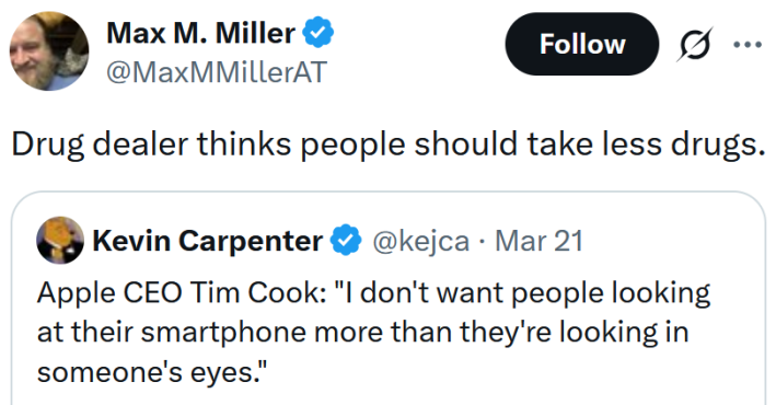 Tweet reading "Drug dealer thinks people should take less drugs."
