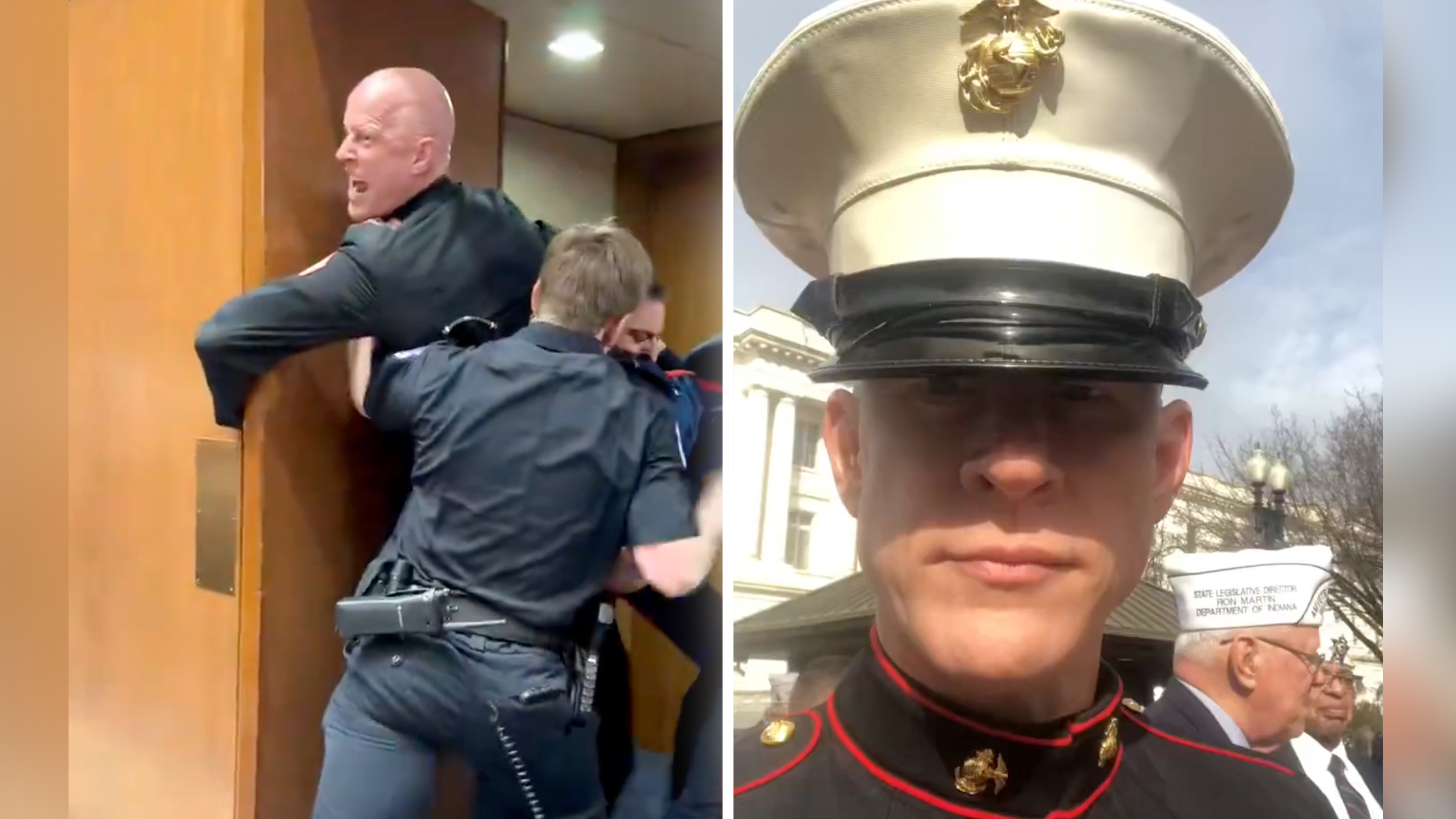 Left: Marine veteran Brian McGinnis being carried out by Capitol Police. Right: Brian McGinnis in his uniform, looking into the camera.