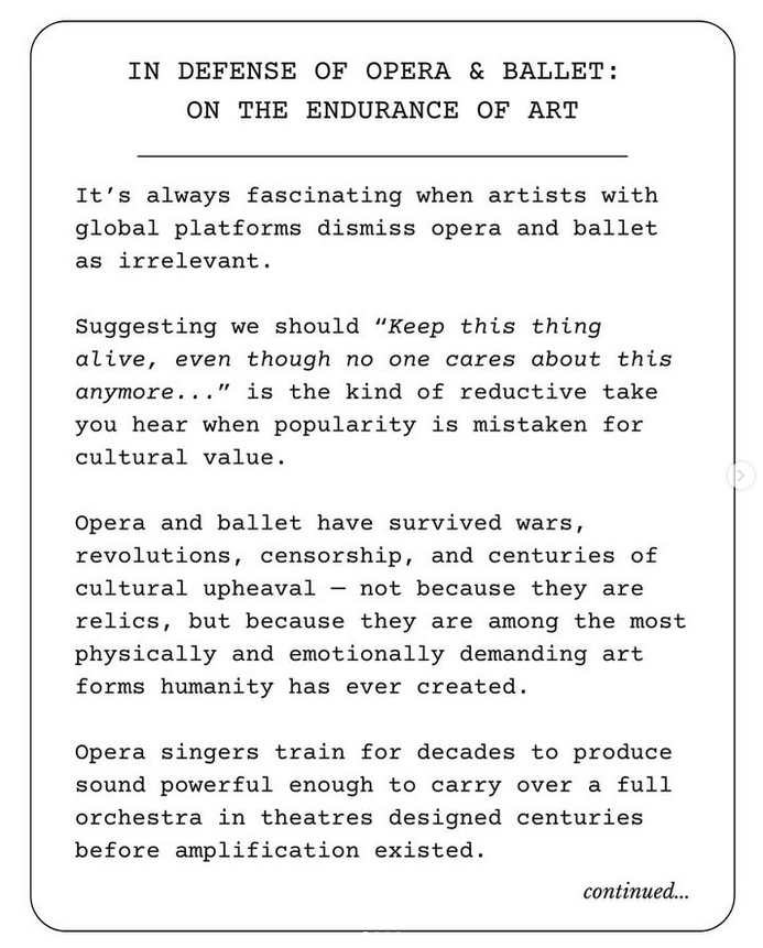 Instagram text post titled "In Defense of Opera & Ballet: On the Endurance of Art"