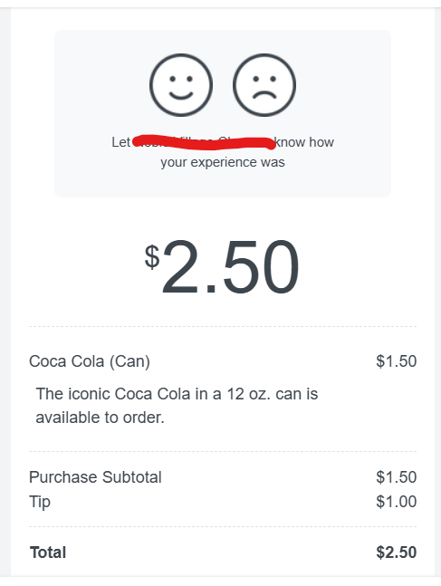 Recibo de u/modernthangs de um supermercado que cobrou uma gorjeta de US$ 1,00 por uma lata de refrigerante de US$ 1,50