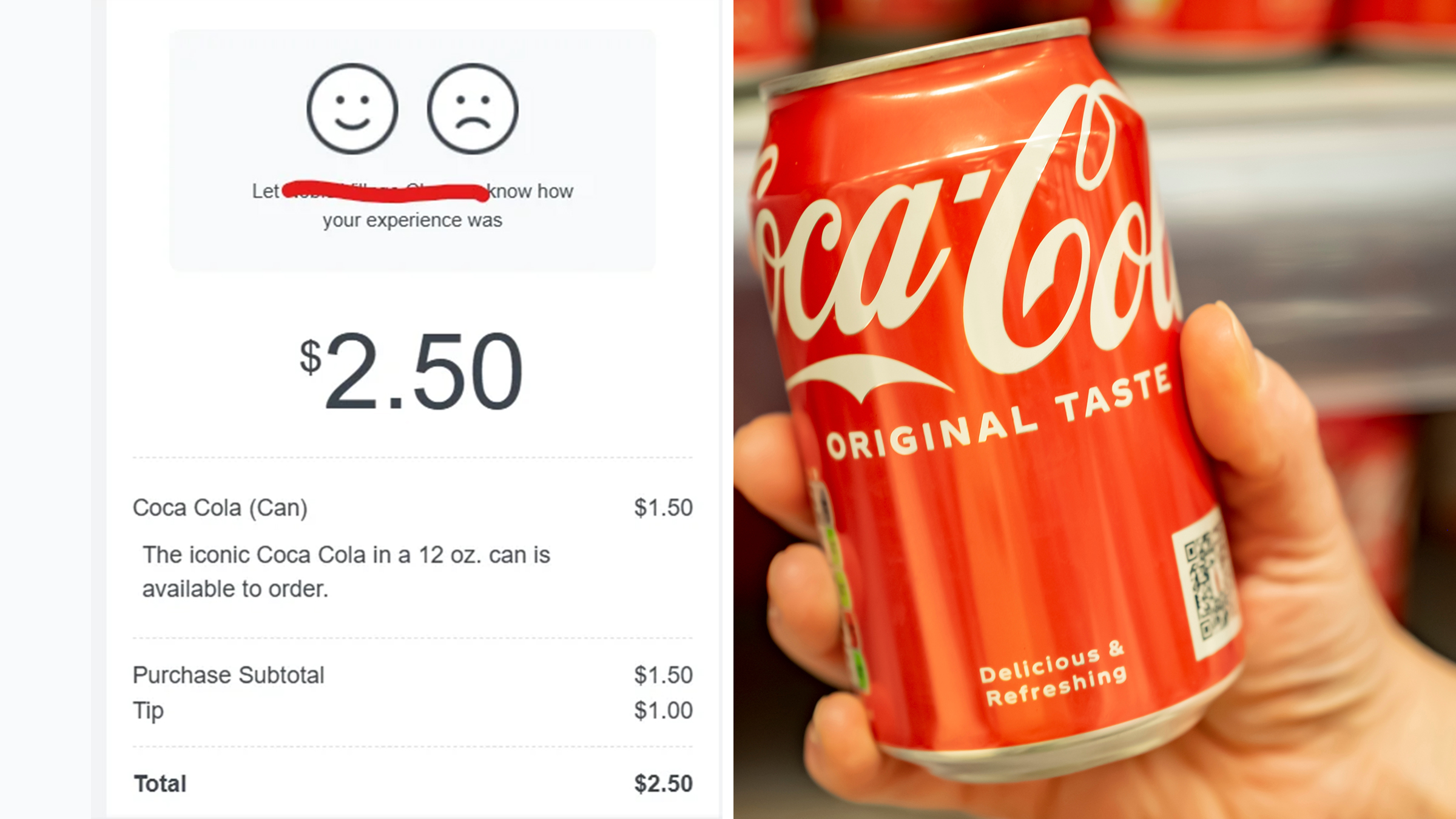 Left: Screenshot of a receipt showing an automatic $1 tip added to a $1.50 soda can purchase. Right: Can of Coca-Cola in person's hand against background of shelf in supermarket.