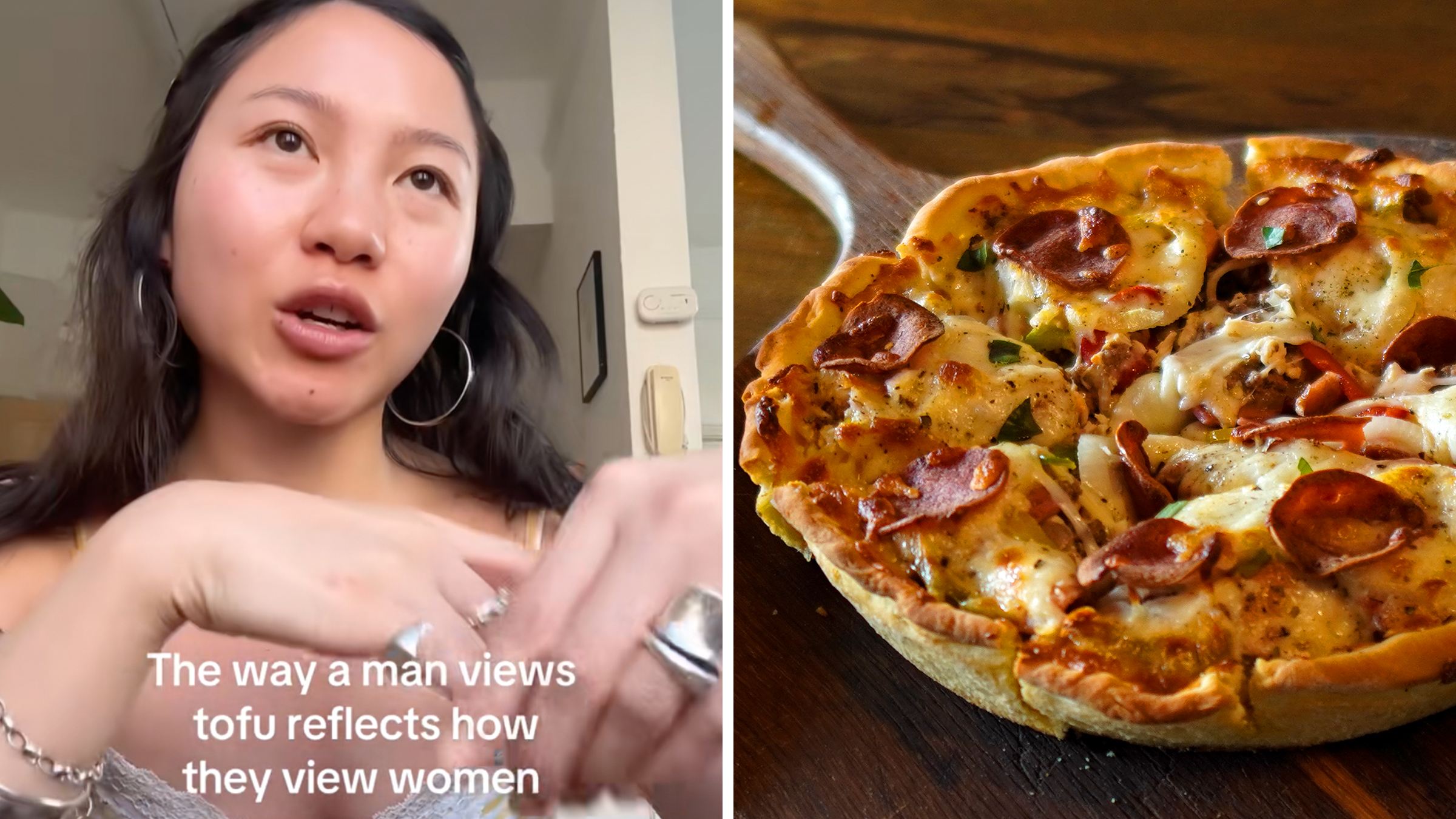 Left: Woman with black hair and a white tank top looking into camera, text overlay reads, "The way a man views tofu reflects how they view women." Right: Close-up shot of a hot pepperoni pizza on a rustic wooden board.