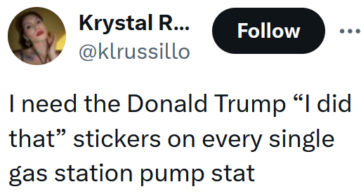 Leitura de tweets "Preciso dos adesivos “Eu fiz isso” de Donald Trump em todas as estatísticas das bombas de gasolina"