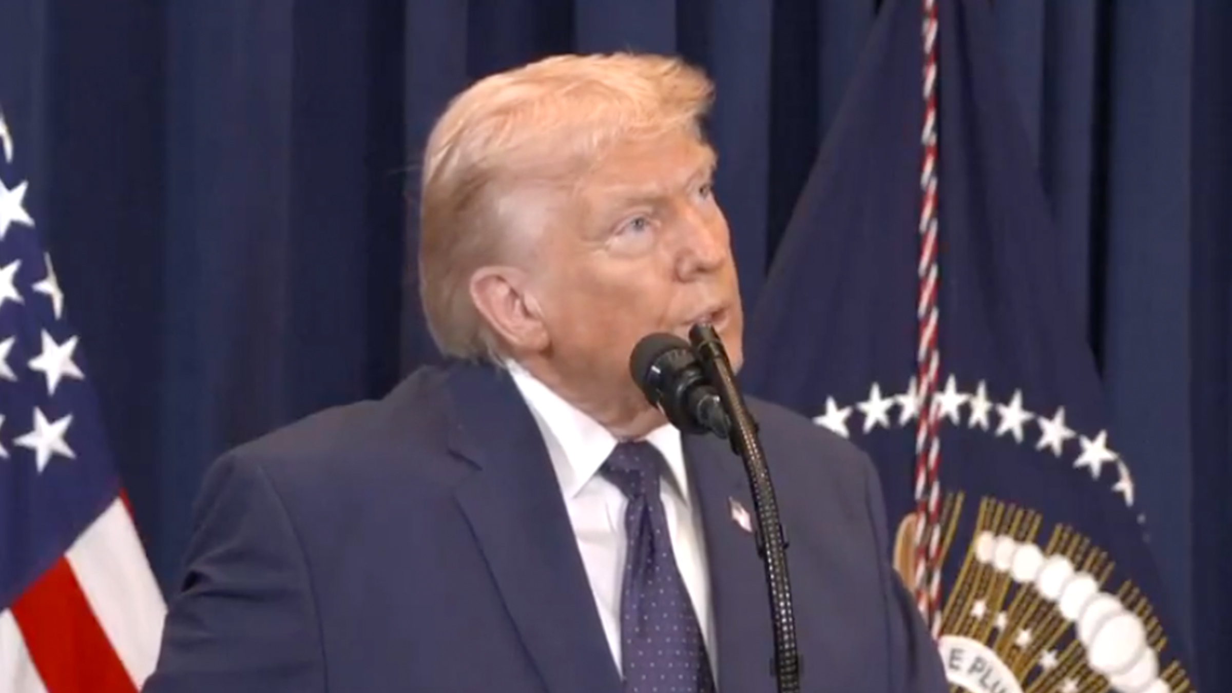 President Donald Trump speaking into a microphone, American flag background.